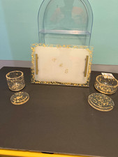 Vintage Vanity Dresser Set Mirror-Back Tray, 2 Glass Jars, 2 Lidded Dishes picture