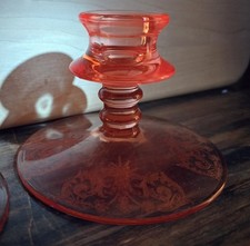 PAIR OF ETCHED PINK DEPRESSION GLASS TAPER CANDLE HOLDERS.    SELENIUM? picture