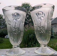 TWO Vintage Jeannette Clear Crystal Iris & Herringbone Vase 9” Depression Glass picture