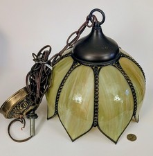 Vtg MCM Green Carmel Slag Glass Hanging TULIP Pendant Swag Lamp Pendant Fixture picture
