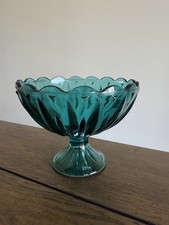 Vintage MCM Teal Glass Pedestal Dish 60's 70's Perfect Planter Clear Colored picture