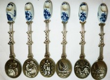 UNIQUE VINTAGE ELESVA HOLLAND EMBOSSED & DELFT PORCELAIN CLOG SET/6 SPOONS picture