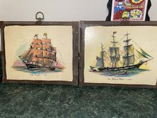 Set of 2 Vintage  11X9 Wooden Wall Art Plaque Of Nautical Ships picture
