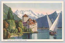 Vintage Linen Postcard Château de Chillon and Dents du Midi Switzerland picture