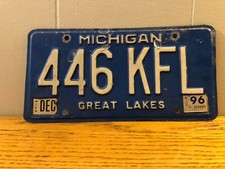 1996 Michigan License Plate Great Lakes Blue # 446-KFL Good Shape, Needs Clean picture