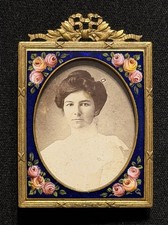 Antique Czechoslovakia Blue Enamel Rose Miniature Picture Frame Gold Bow Crest picture
