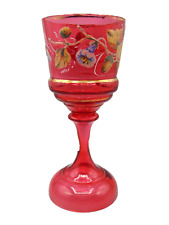 Antique Bohemian Cranberry Hand Painted Coralene Art Glass Wine Chalice Goblet picture