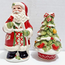 2012 FITZ & FLOYD WINTERBERRY SALT & PEPPER SHAKERS Santa & Christmas Tree picture