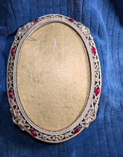 Vintage Hollywood Regency8.5x6 Silver Filigree Oval Frame Jeweled RubyRhinestone picture