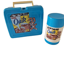 Vintage Nestle Quik Bunny Lunch Box Thermos Blue Plastic Advertising Set 8.5x6.5 picture