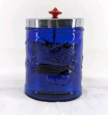 RARE Vintage Cobalt Blue Maryland Glass Cig Holder Jar w/Lid Christmas 1932 picture