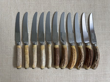 Vintage Sheffield English Antler Horn Handle Stainless Steak Knife Set of 11 picture