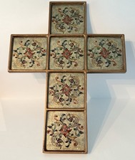 Vintage Robert M Weiss Reverse Painted Glass Wood Cross Ornate Floral Motifs 17