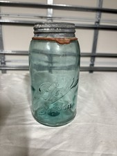 1896-1910 Vintage Ball Mason Jar Blue Quart Size Waves Triple L picture