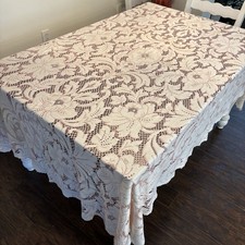 Vtg Ivory Pink Floral Lace Tablecloth Cottage Shabby Chic Romantic French 58x86” picture