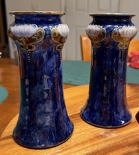 Pair Antique Royal Doulton Stoneware Vases - Vera Huggins VH-Art Nouveau Cobalt picture