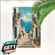 Mediterranean White Village Sea View Balcony Alley Art Plaque Metal Tin Sign picture