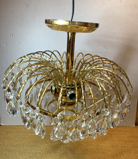 Vtg 70s Gold Brass Crystal Waterfall Chandelier Luminaire MCM Ceiling Light READ picture