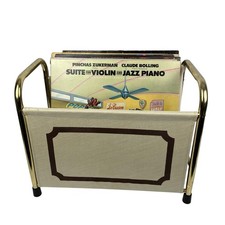 Vintage 1960’s MCM Atomic Brass Gold Canvas Record Holder Magazine Rack picture