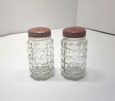 Vintage Clear Glass Waffle Pattern Salt and Pepper Shakers w/ Original Red Caps picture