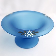 Mid Century Frosted Blue Glass Bowl Rolled Rim Hand Painted Pedestal Base picture