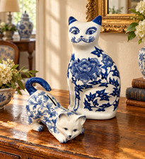 Vintage Blue & White Chinoiserie Porcelain Cats – Set of 2 Floral Cat Figurines picture