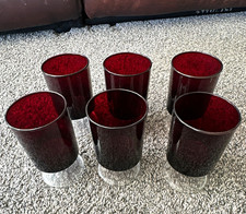 6-Piece Red & Clear Glass Stemmed Goblet Set, Vintage. Tapered Solid Color picture