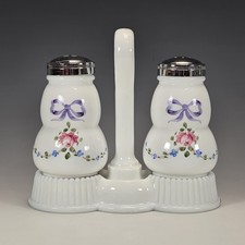 Westmoreland Roses and Bows Milk Glass Salt and Pepper Shakers with Caddy RARE picture