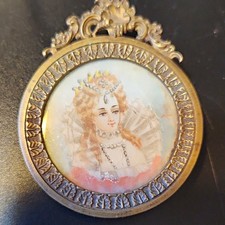 Ornate Round Bronze Metal Mini Picture Frame, hand painted portrait picture