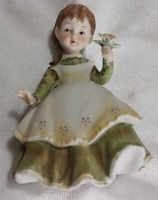 VTG Lefton #KW2817 China Bisque Porcelain Girl Figurine Grn Dress picture