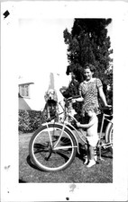 Adorable Dog on Bicycle Basket Sweet Mom and Baby Snapshot 1940s Vintage Photo picture
