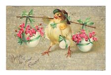 1908 Int'l Art Easter Postcard Chick Carring Egg Baskets With Flowers - Embossed picture