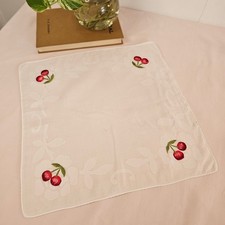 Vintage White Cotton Handkerchief Red Cherry Embroidered Floral Border Square picture