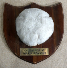 Vintage 1960s Playboy Club Bunny Tail Plaque Vermillion Walnut Caught Live Wood picture