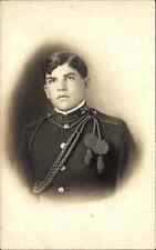 Military Uniforms WWI Tassles Pins Soldier CRISP c1915 Real Photo Postcard #2 picture
