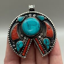 Very Unique Vintage Tibetan Nepalese Natural Coral Torquise Silver Plated Pendan picture