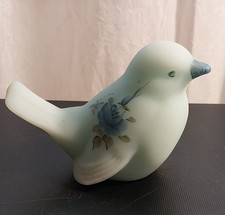Vintage Fenton Blue Satin Glass Songbird Figurine Hand Painted, Floral, Signed picture