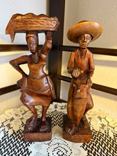 Hand Carved Signed F. Simpson Wooden People Figurines, Brown, 11 in, 2-Pack picture