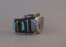 Vtg Navajo Silver Turquoise Mens Watch Bracelet Cuff  1970s Seiko Watch - 7 1/8
