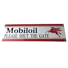 Vintage Mobil Sign - Please Shut Gate Gasoline Pump Shop Porcelain Sign picture