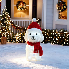 2-FT CHRISTMAS BICHON FRISE DOG IN SANTA HAT TINSEL LIGHTED OUTDOOR YARD DECOR. picture