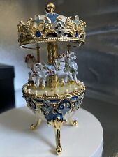 KEREN KOPAL BLUE & CREAM WINDUP MUSICAL CAROUSEL WITH HORSES, RARE, HARD TO FIND picture