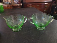 Vintage Hazel Atlas Florentine Uranium Glass Sugar Creamer Green Poppy Glows picture