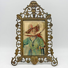 Antique Art Nouveau Gilt Cast Brass Tabletop Frame Stylized Foliage & Rising Sun picture