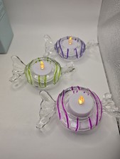 PARTYLITE Jollyville Wrapped Candy Tea Candle Holders Set of 3 Set Striped Glass picture
