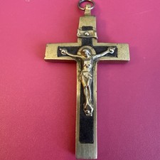 VTG 2” French Pectoral Crucifix With ebony Metal Inlay Brass Color France Cross picture