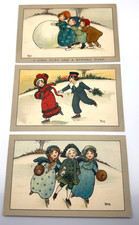 Florence Hardy Postcard Lot 3 CW Faulkner Children Ice Skating Snowball Winter picture