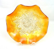 Northwood Marigold Carnival Glass Grape Leaves W/ Blossom & Palms 9