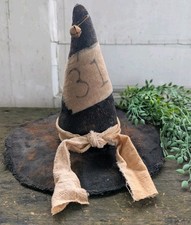 Handmade Grungy Halloween Stuffed Witch Hat Rusty Bell Shelf Sitter Primitive picture