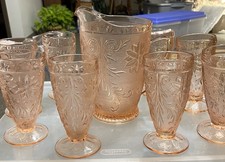 TIARA PINK/PEACH DEPRESSION GLASS PITCHER/8 GLASSES /SET/MINT COND/NO CHIPS/ picture